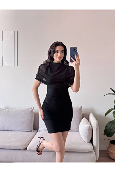 Zoom Butik Tül Pelerin Drapeli Elbise - SİYAH