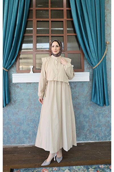 HNT Hayrunnisa Tesettür Bolerolu Beli Lastikli Tesettür Elbise Krem HNT011