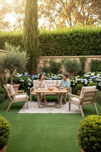 BALCO HOME Hanımeli 3+1+1+Masa Alüminyum Bahçe Balkon Oturma Grubu Cappucino