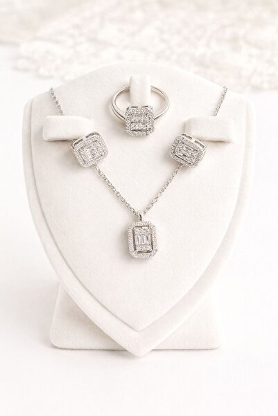Vipfoni Pırlanta Model Baget Kolye Yüzük Çivili Küpe Set