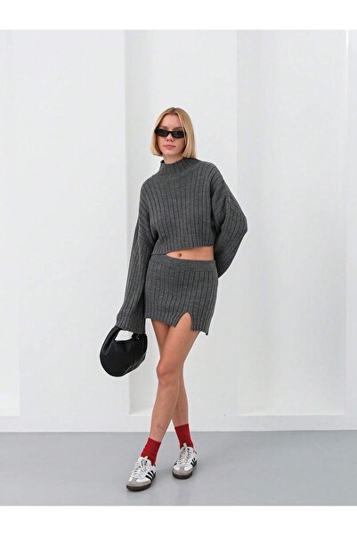 Sea Style Women's Gray Knit Skirt Piece Set Half Turtleneck Cropped Sweater M...