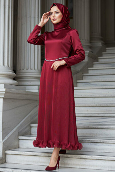 N.S NEVA STYLE Pleated Burgundy Hijab Evening Dress 6281Br