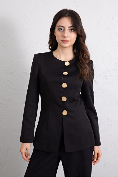 zenne Gold Buttoned Blazer Jacket Black - 1337