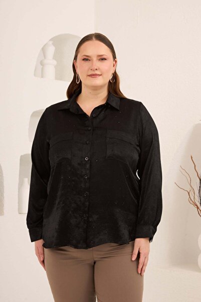 RMG Taş με τύπωμα Γυναικείο Σατέν Πουκάμισο με Εφέ Μεγάλου Μεγέθους Μαύρο