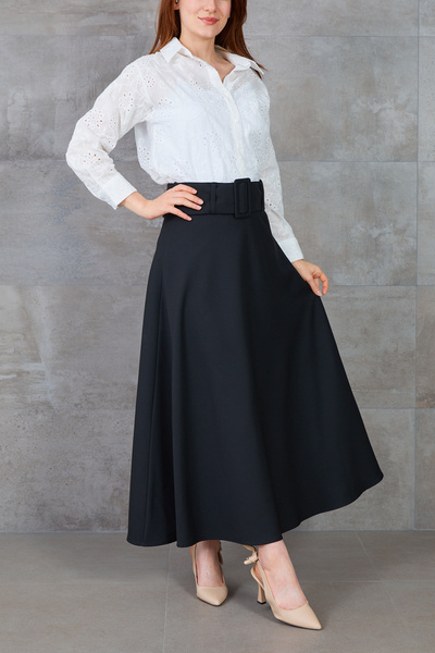 zenne Thick Belted Flared Skirt Black