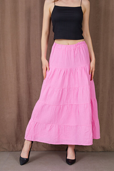 zenne تصميم مجزأ بتنورة موسلين وردية مع خصر مطاطي