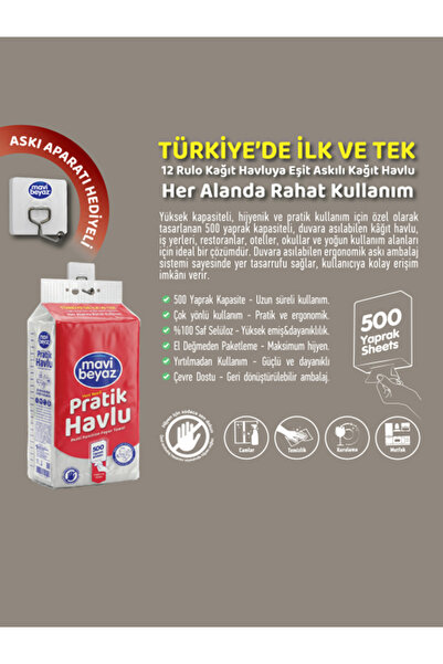 Mavi beyaz Pratik Havlu 500 Yaprak - Yeni Nesil Çok Amaçlı El ve Yüz Havlusu (Asma Aparatı Hediyeli) - 3 Adet