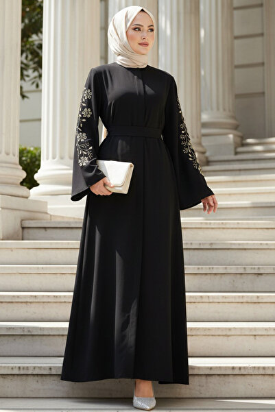 N.S NEVA STYLE Чорна абая з візерунком на рукавах 60013S