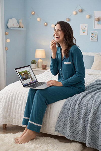 FİT WOMEN Lace Detailed Long Sleeve Pajama Set 4458