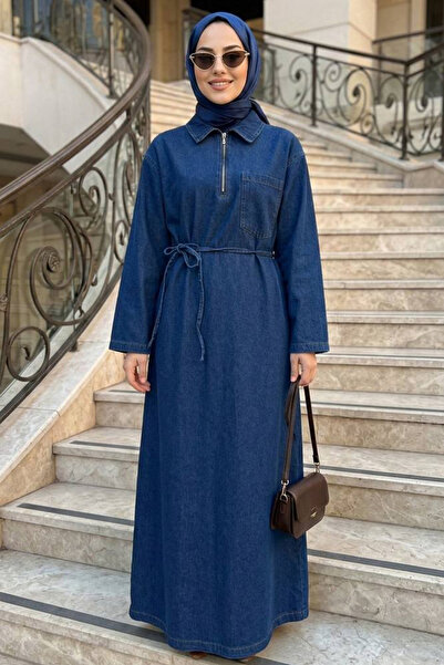 N.S NEVA STYLE Zippered Navy Blue Denim Hijab Dress 19052L