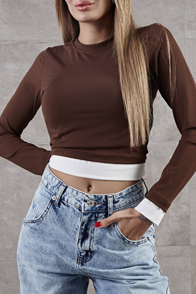 zenne Crew Neck Skirt and Sleeve Tip Paneled Body Brown