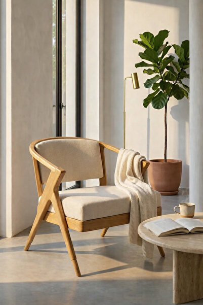 A2 Decor Liar Natural Döşemeli Berjer – Kayın Ağacı, İskandinav Bohem Tarz, K...