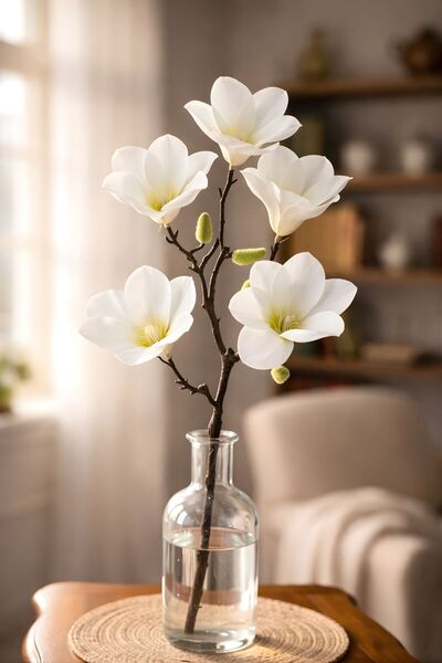 BUSERİSE 5 Başlı Beyaz Manolya Dalı – Dekoratif Yapay Çiçek, Ev Salon Vazo Ar...