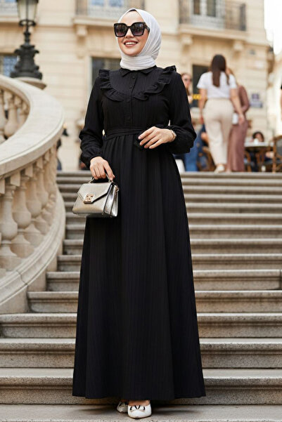 N.S NEVA STYLE Λεπτομέρεια με βολάν Μαύρο Φόρεμα Τεσεττούρ 20311S