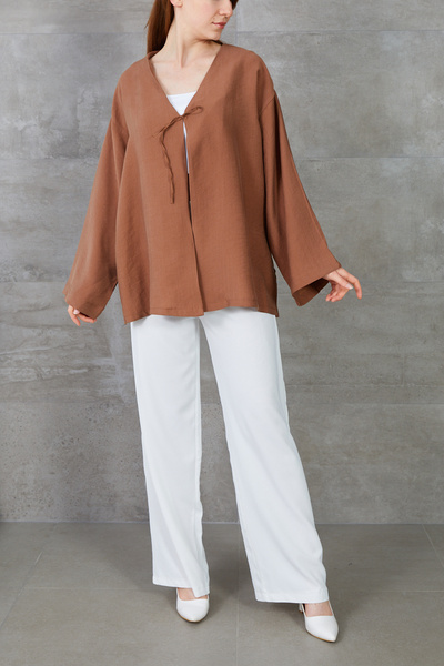 zenne Front Side Tie-Detail Kimono Brown