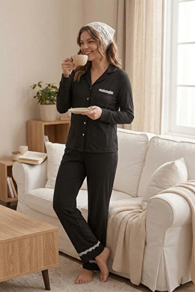 FİT WOMEN Lace Detailed Long Sleeve Pajama Set 4458