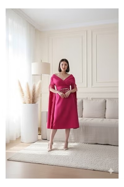FULLJOY A fuchsia stretch evening dress with Off-Shoulder and embellished bel...