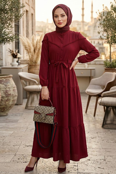 N.S NEVA STYLE Buttoned Burgundy Hijab Dress 10213Br