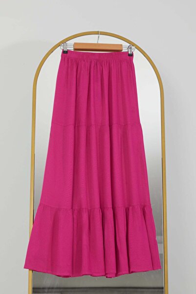 zenne Elastic Waist Layered Detailed Skirt Fuchsia