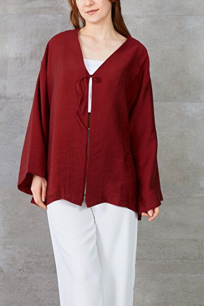zenne Front Side Tie-Detail Kimono Claret Red