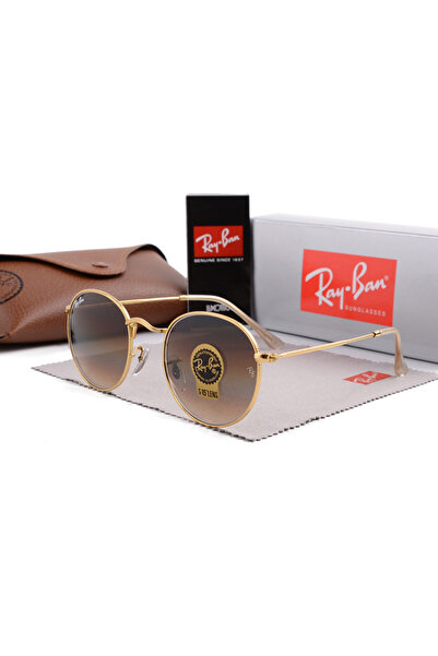 Ray-Ban نظارات شمسية رجالية معدنية فاخرة بإطار ذهبي وعدسات بنية اللون مع عدسا...