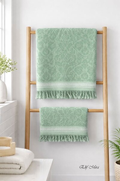 Elif Mira 2-Piece Bath and Hand Towel Set Fringed Embossed Patterned 100% Cot...