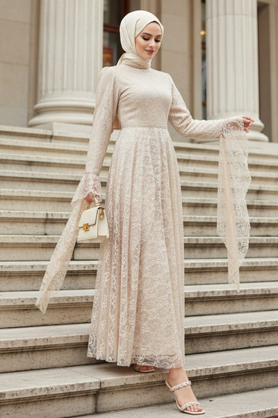 N.S NEVA STYLE Lace Piece Beige Hijab Evening Dress 6294Bej