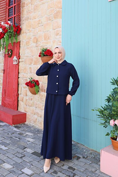 HNT Hayrunnisa Tesettür Φόρεμα Gilet με κουμπιά στο στήθος, Σκούρο Μπλε HNT8590