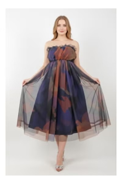 FULLJOY Printed Tulle midi evening dress, sleeveless, with a flowing design; ...