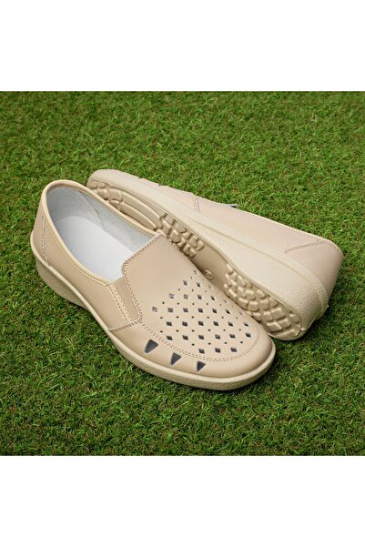 Tellus Women's Beige Genuine Leather Perforated Slipons, All-Day Comfort, 02-13