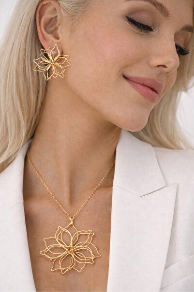 SE Jewellery Collection Selin Ersoy Minimal Çizgisel Çiçek Kolye ve Küpe Seti