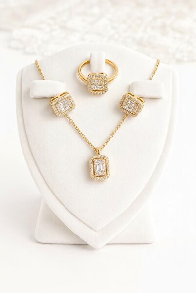 Vipfoni Pırlanta Model Baget Kolye Yüzük Çivili Küpe Set