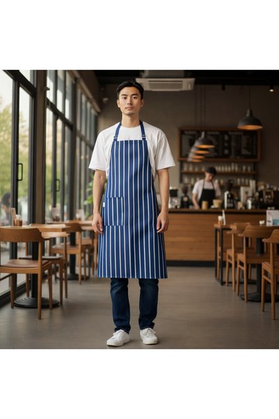 Dinçer Atakan İş Elbiseleri Chefpro Apron with Straps - Blue/White – Chef / Barista / Cafe / Restaurant / Service Apron