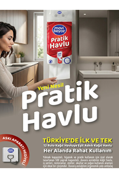 Mavi beyaz Pratik Havlu 500 Yaprak - Yeni Nesil Çok Amaçlı El ve Yüz Havlusu (Asma Aparatı Hediyeli) - 3 Adet