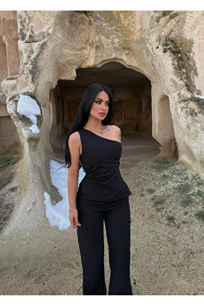 kırmızı butiks Μαύρο Υφαντό Σετ με Έναν Ώμο