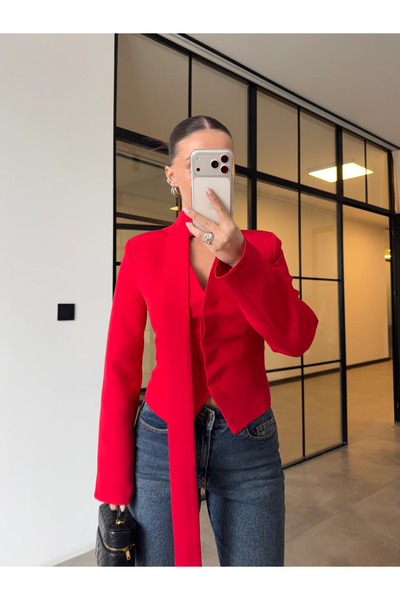 My Blog Jachetă roșie cu umeri întăriți cu detaliu eșarfă - 85175