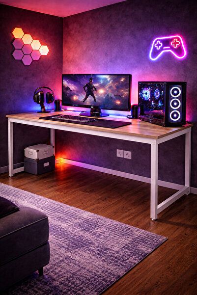 Flinder Çam/Beyaz Oyuncu Masası 160x60, Bilgisayar Masası, Gamer Masası, Gaming Masa, Metal Ayaklı