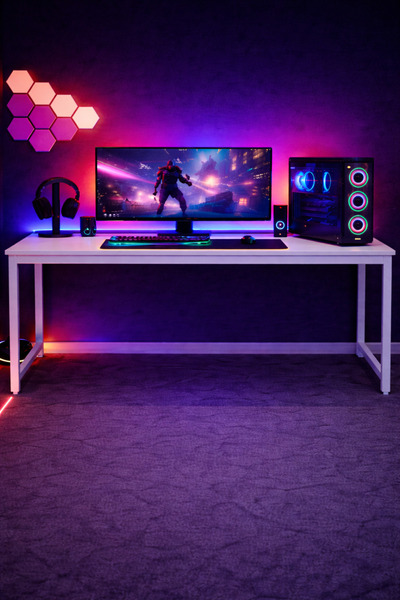 Flinder Beyaz Oyuncu Masası 160x60, Bilgisayar Masası, Gamer Masası, Gaming Masa, Metal Ayaklı
