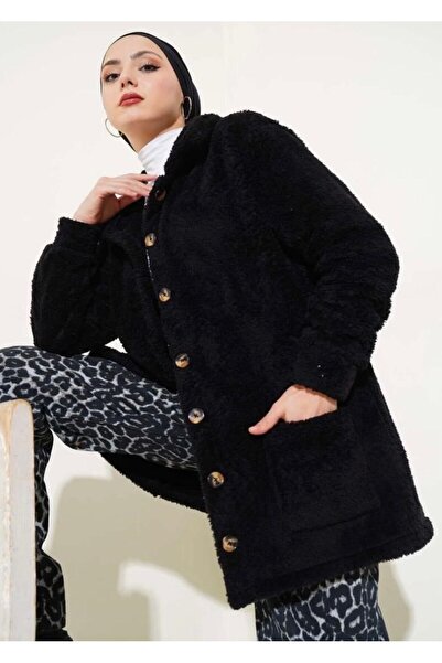modasindoma Women's Pocketed Plush Cardigan Black