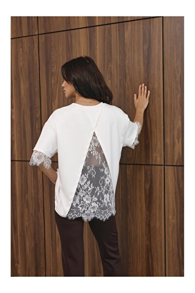 Elif Özbey Butik Λευκό μπλουζάκι με δαντέλα στην πλάτη