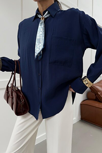 mylove Scarf Collar Shirt Navy Blue