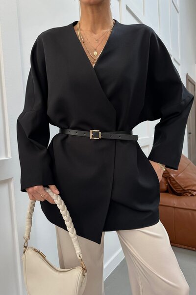 mylove Collarless Belt Detail Jacket Black