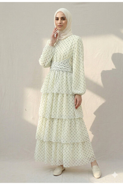 Kirazgym Polka Dot Li Double-Breasted Collared Long Dress - Cream