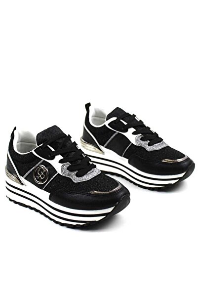 mm Sneakers casual de dama, cu platforma si insertii aurii FF-59-BLACK