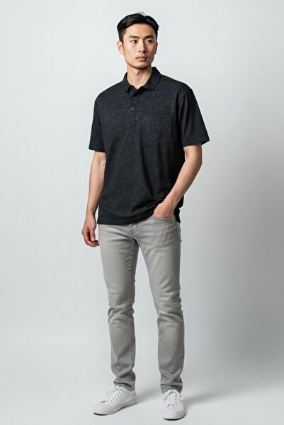 KAMER Men's Modern Fit Shirt Collar Tek Pocketed D Patterned Black T-Shirt 5059S