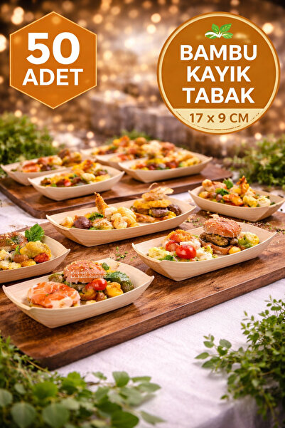 TOYFEST 50'li Pkt Büyük Bambu Kayık Tadım Tabağı 17x9 cm – Kokteyl Sunum Taba...