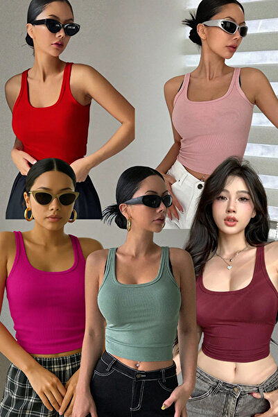 ROSAMİNA Women's 5-Pack Ribbed Knit Fabric Wide Strap Blouse Red Green Fuchsi...