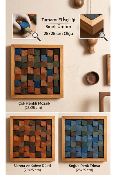 woodretro El Yapımı Renkli Ahşap Blok Tablo - Modern Geometrik Duvar Dekoru 2...