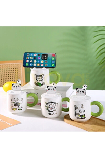 Livava Cute Panda Figured Ceramic Mug with Phone Holder Cover