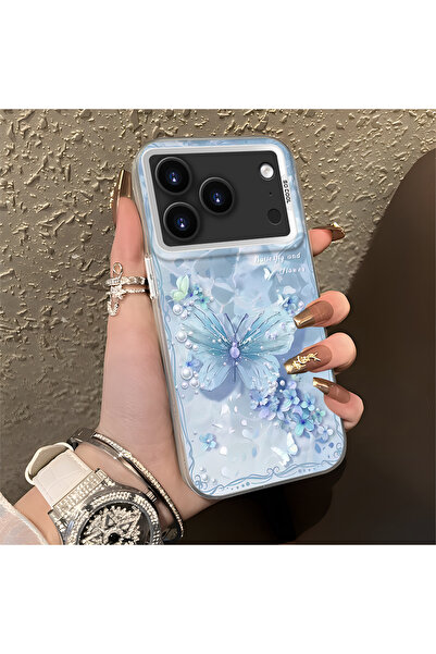 Hontinga iPhone 17 Pro Compatible Butterfly Patterned Silicone Edge Hard Back...